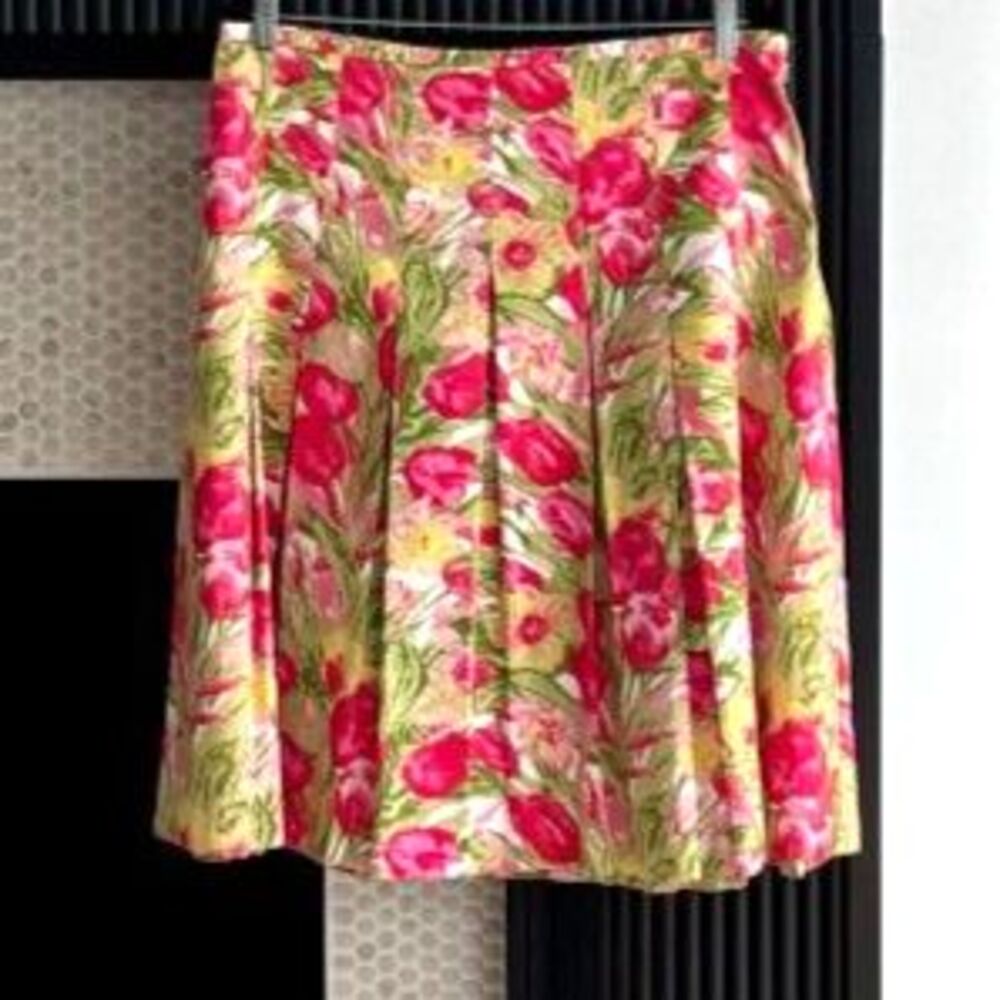 Talbots Floral Pleated A-Line Skirt Pink Green Size 14